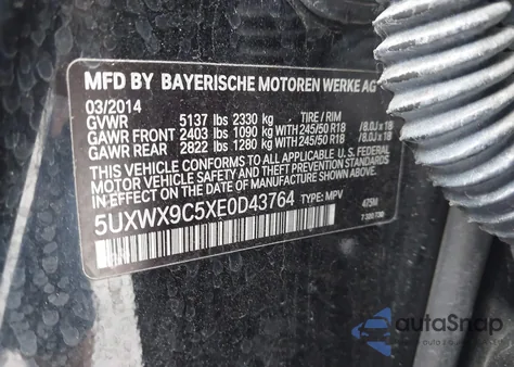 2014 BMW X3 xDrive28I z USA, uszkodzony, nr VIN 5UXWX9C5XE0D43764